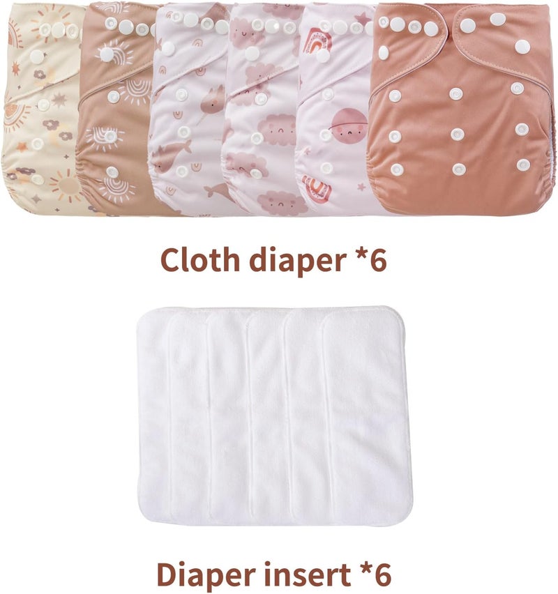 CoolaPeach 12 Set Reusable Adjustable Cloth Diapers for Newborn to 0-3 Years,One Size Washable Pocket Nappy Covers for Baby Girl and Boy,6 Pack Cloth Diapers+6pcs Microfiber Inserts(Pink) - Image 3